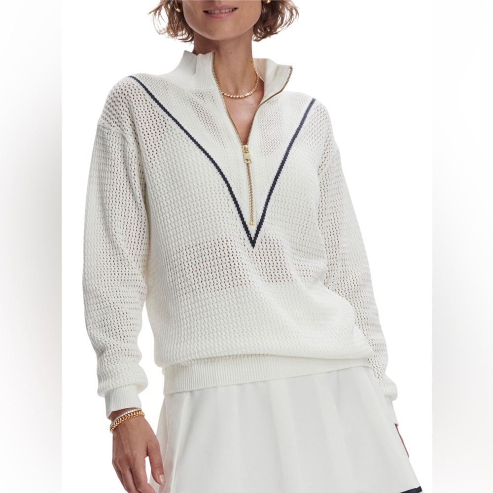 Varley Calva open knit sweater in Snow White with navy accent size medium. NWT.